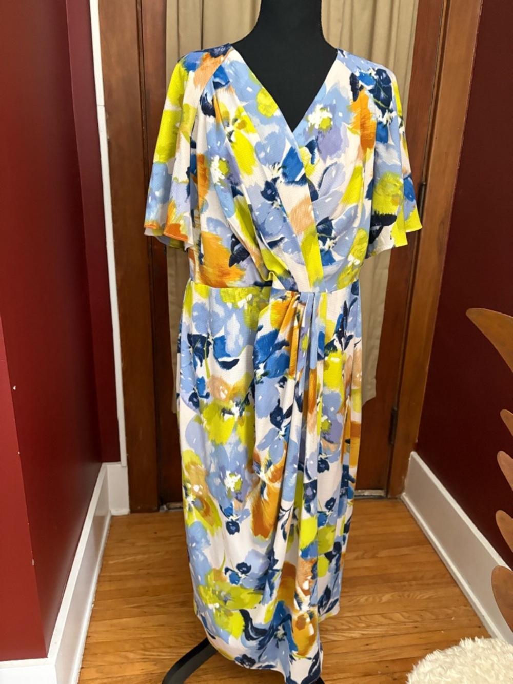 Maggy London Floral Wrap Maxi Dress in Blue, Yellow & Orange